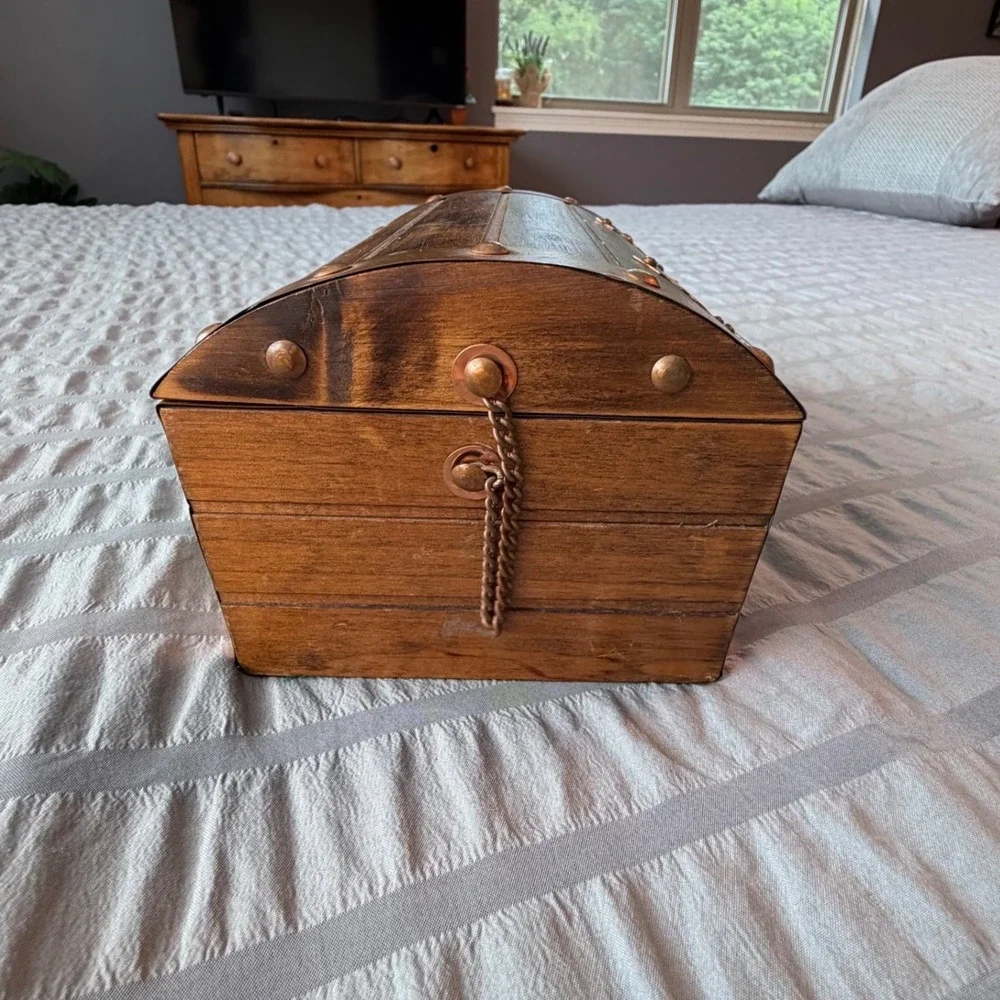 Vintage Wooden Treasure Chest Jewelry Box Burgundy Velvet Lining Copper Trim
